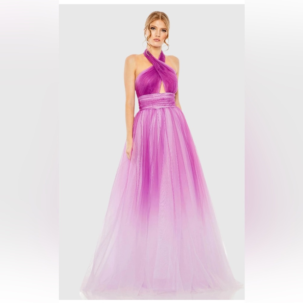 Mac Duggal Halter Neckline Cutout Tulle Ombre Purple Gradient Maxi Dress Sz 2